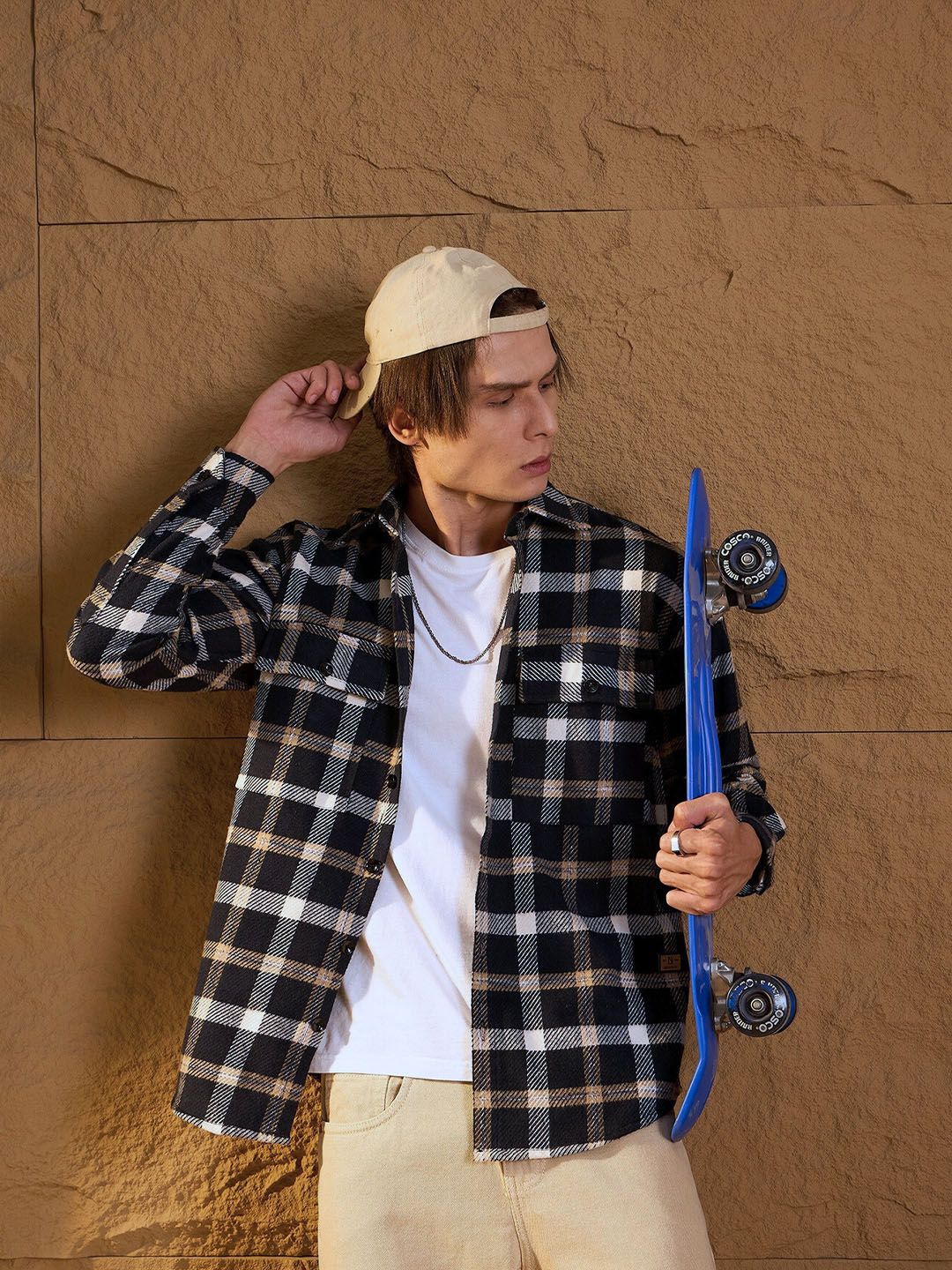 DENNISON Men Double Pocket Drop Shoulder Oversized Cotton Checked Shacket
