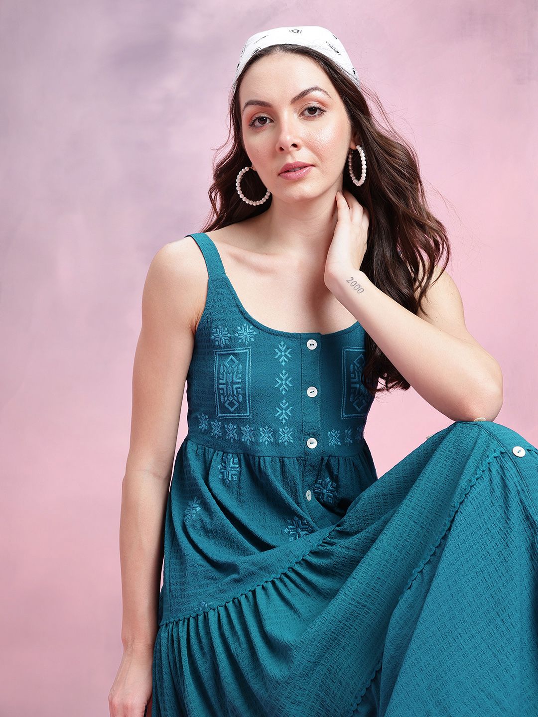 DressBerry Floral Embroidered Tiered Fit & Flare Midi Dress