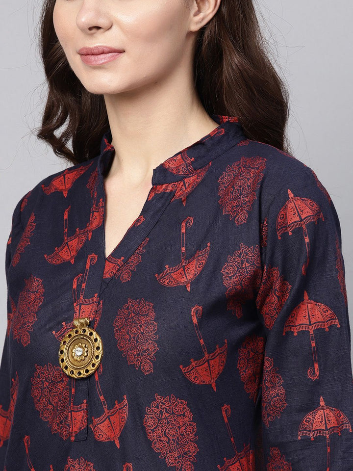 SOJANYA Kurta A-Line Bercetak Biru Laut & Merah Wanita Navy