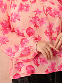 all about you Plus Size Floral Print Tie-Up Neck Puff Sleeves Semi-Sheer Georgette Top