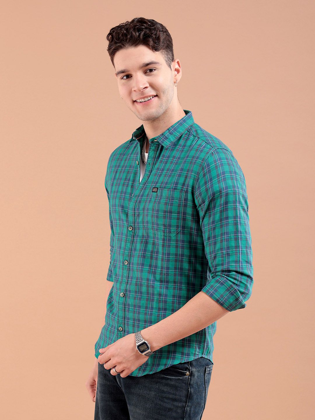 The Indian Garage Co Men Green & Navy Blue Slim Fit Checked Casual Shirt