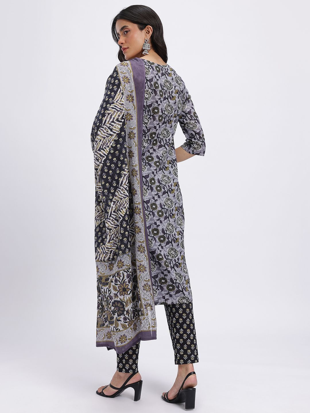 Anouk Floral Print Pure Cotton Straight Kurta with Trousers & Dupatta