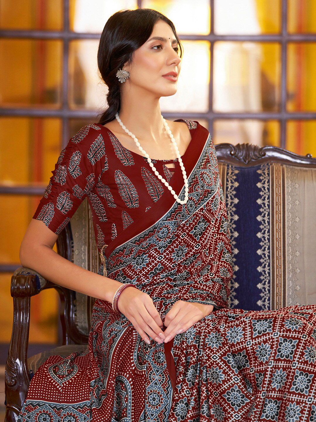 Saree mall modal Ajrak Block Poly Crepe Designer Bagru SareesWith Blouse Piece
