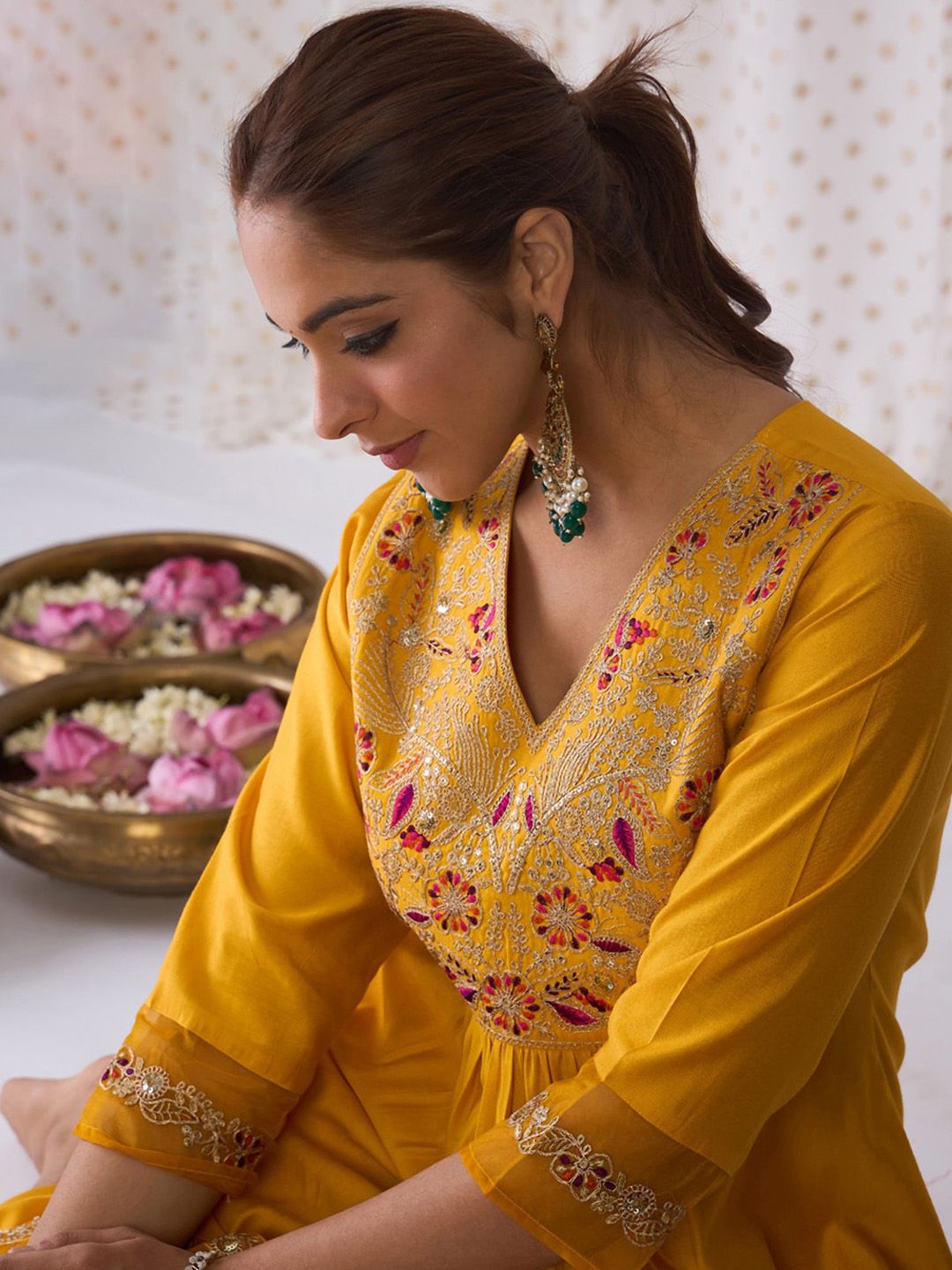 Indo Era Floral Embroidered Empire Liva A-Line Kurta With Palazzo & Dupatta