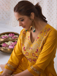Indo Era Floral Embroidered Empire Liva A-Line Kurta With Palazzo & Dupatta