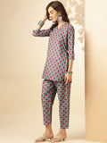 KALINI Ethnic Motifs Printed V-Neck Three-Quarter Sleeves Pure Cotton Tunic & Trousers