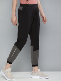 HRX By Hrithik Roshan Women Jet Black Colourblock Regular Fit Lycra Rapid-Dry Antimicrobial Training Joggers