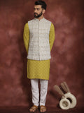 Motif Etnik Hijau Anouk Bersulam Kurta Lurus Dengan Jaket Churidar & Nehru