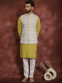 Motif Etnik Hijau Anouk Bersulam Kurta Lurus Dengan Jaket Churidar & Nehru
