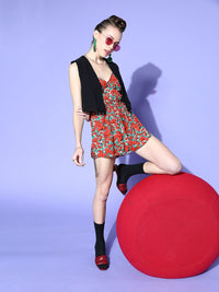 Berrylush Women Red & Green Floral Print Playsuit