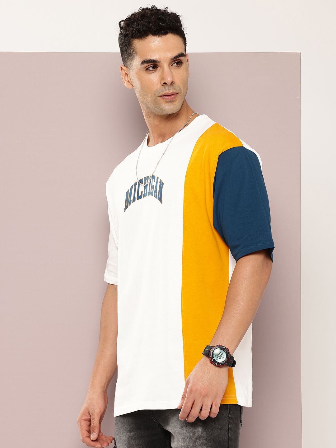 DILLINGER Men Typography Colourblocked Drop-Shoulder Sleeves Oversized Pure Cotton T-shirt