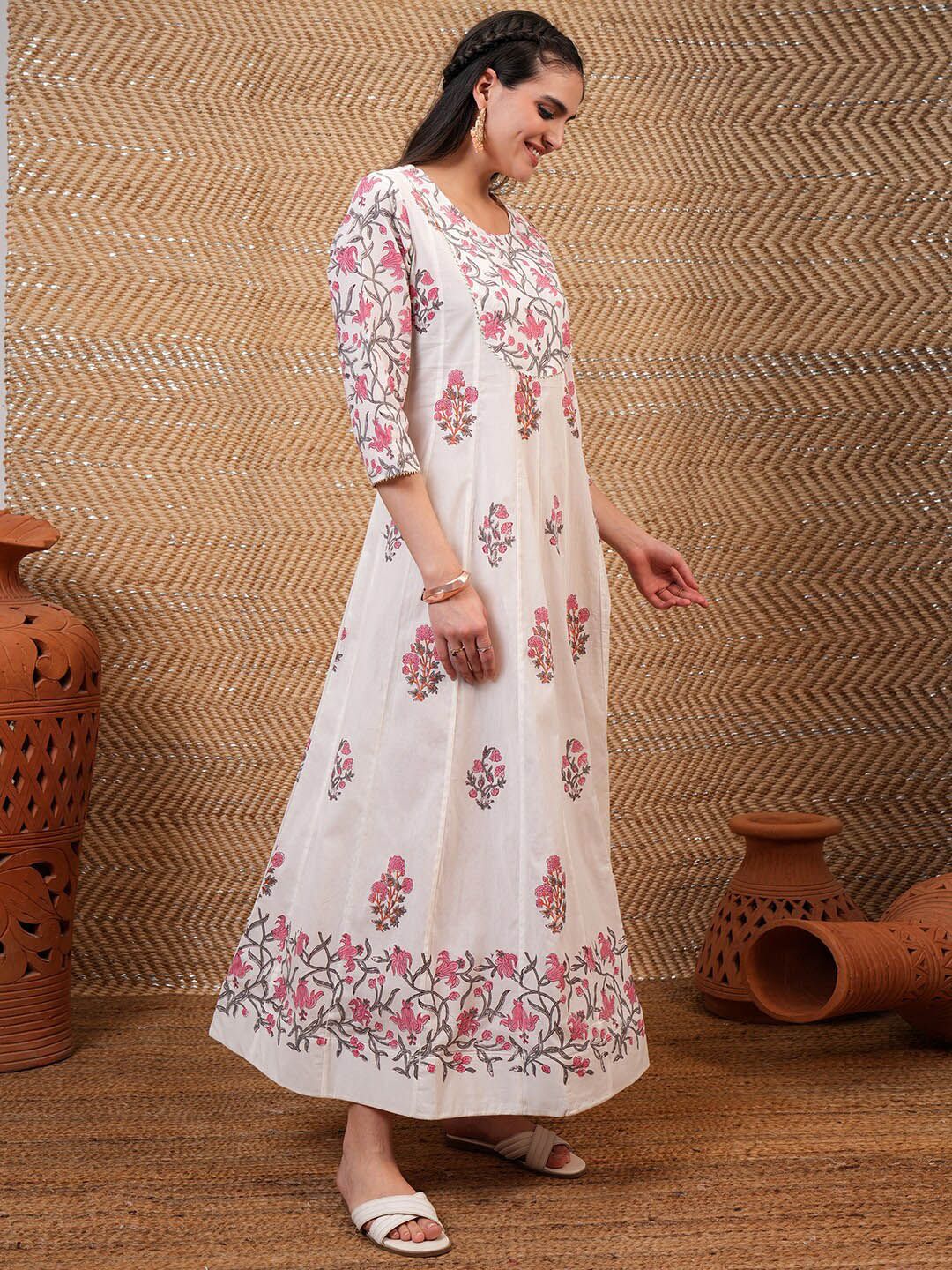 Vishudh White & Pink Floral Printed Pure Cotton Anarkali Kurta With Trouser & Dupatta