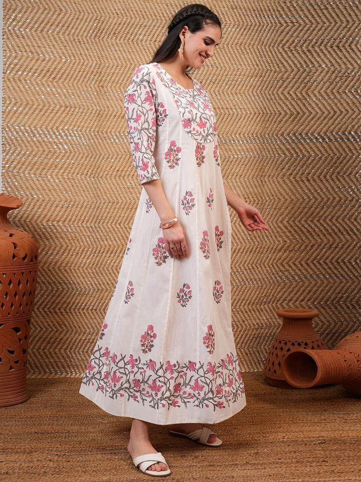 Vishudh White & Pink Floral Printed Pure Cotton Anarkali Kurta With Trouser & Dupatta