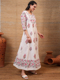 Vishudh White & Pink Floral Printed Pure Cotton Anarkali Kurta With Trouser & Dupatta
