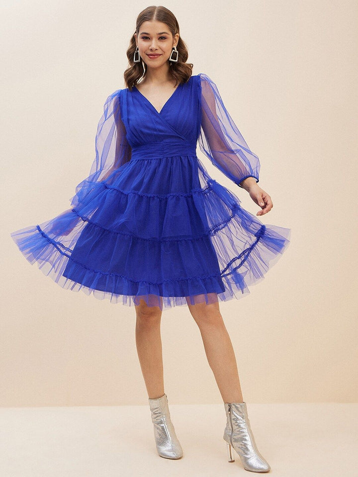 Antheaa Blue Puff Sleeve Net Fit & Flare Dress