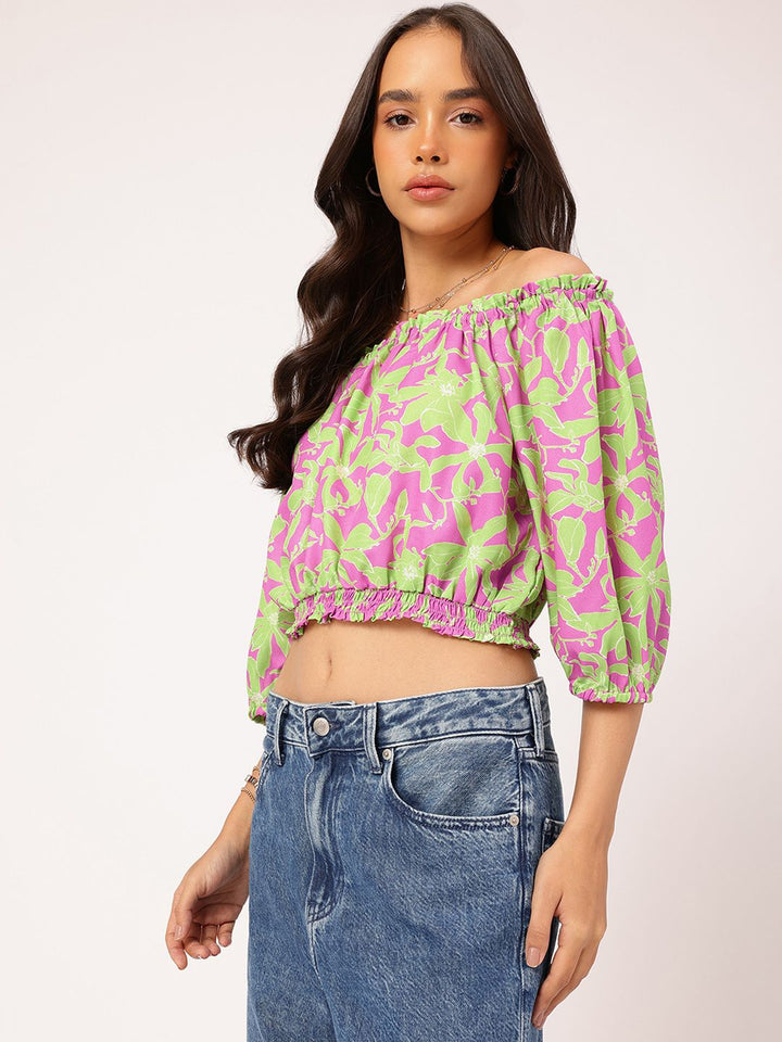 DressBerry Leafy Love Printed Off-Shoulder Blouson Crop Top