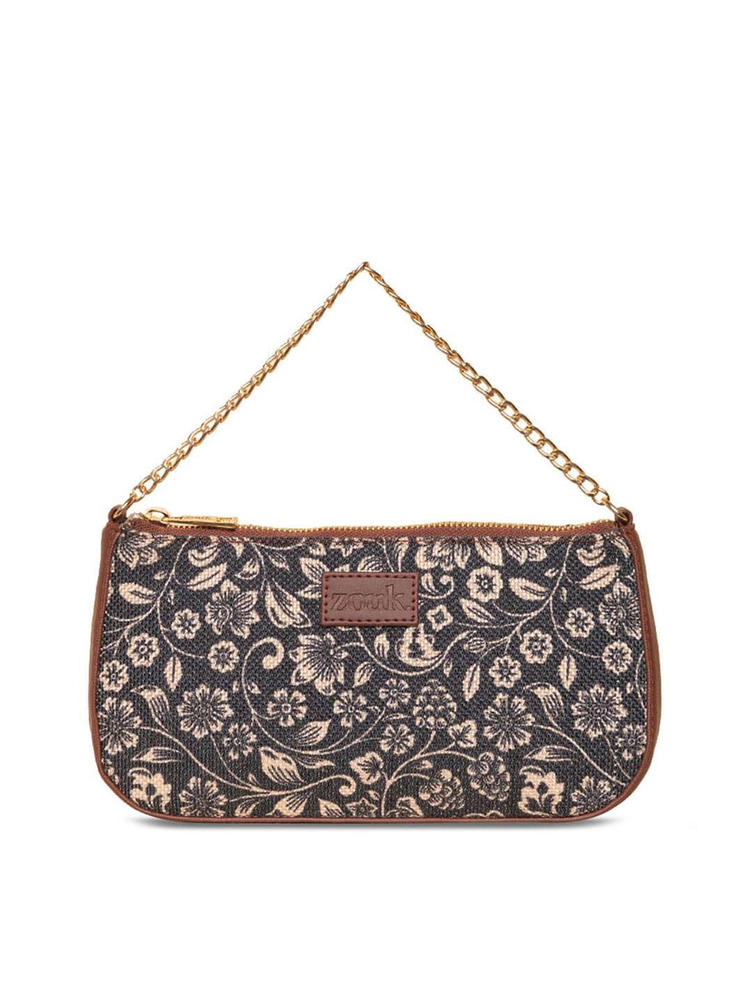 ZOUK Black Floral Printed Structured Baguette Bag with Applique