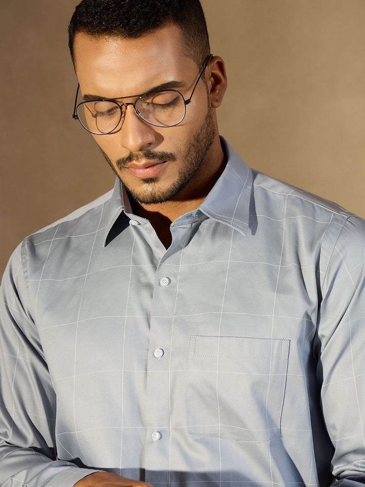 DENNISON Men Checked Spread Collar Long Slevees Cotton Formal Smart Shirt
