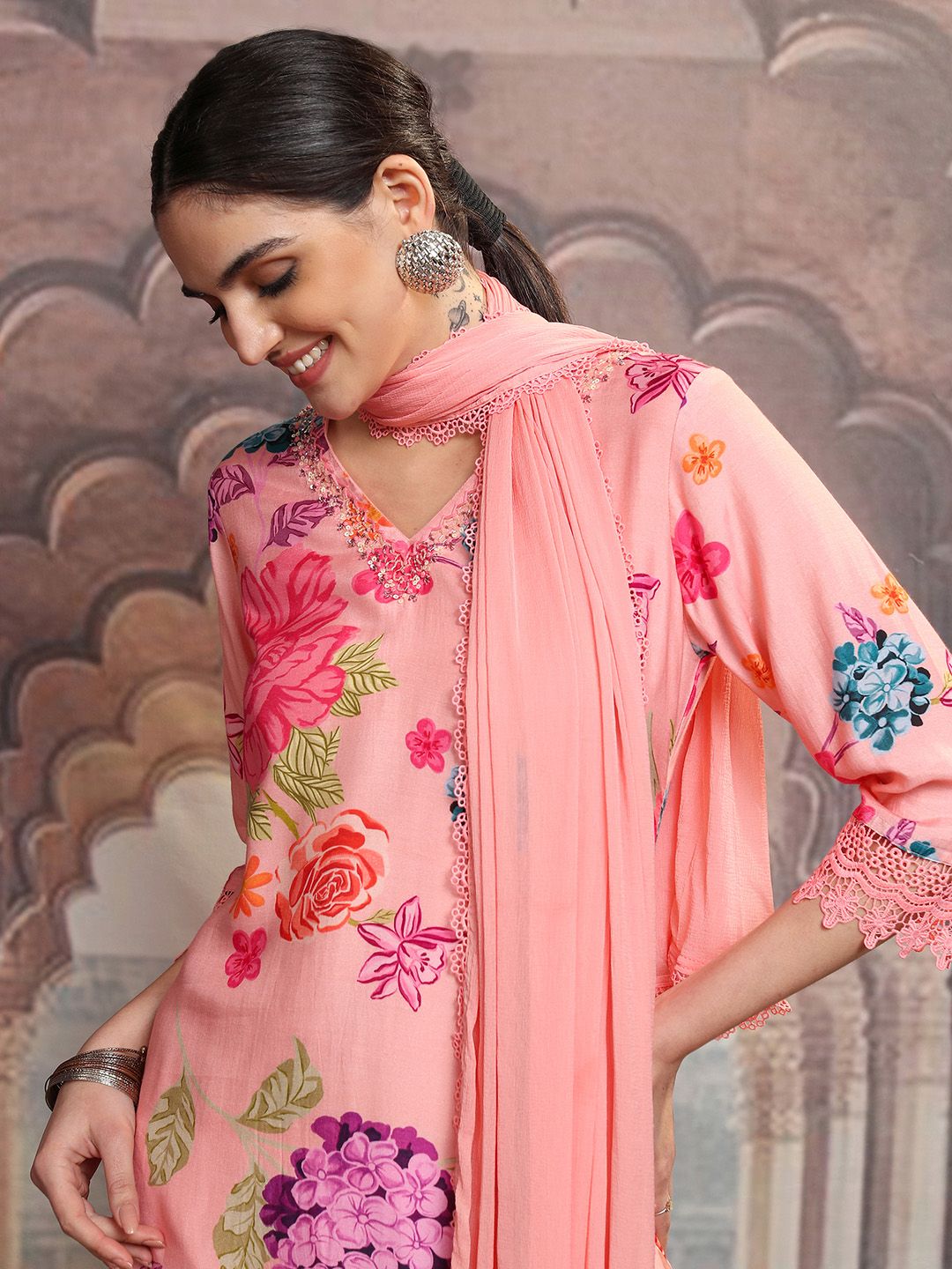 Vishudh Floral Printed Regular Beads and Stones Kurta with Trouser & Dupatta