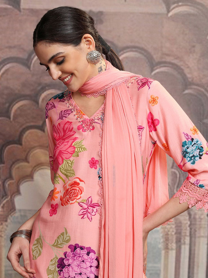 Vishudh Floral Printed Regular Beads and Stones Kurta with Trouser & Dupatta