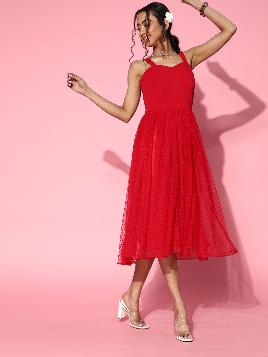 Athena Women Gorgeous Red Solid Tulle Dress