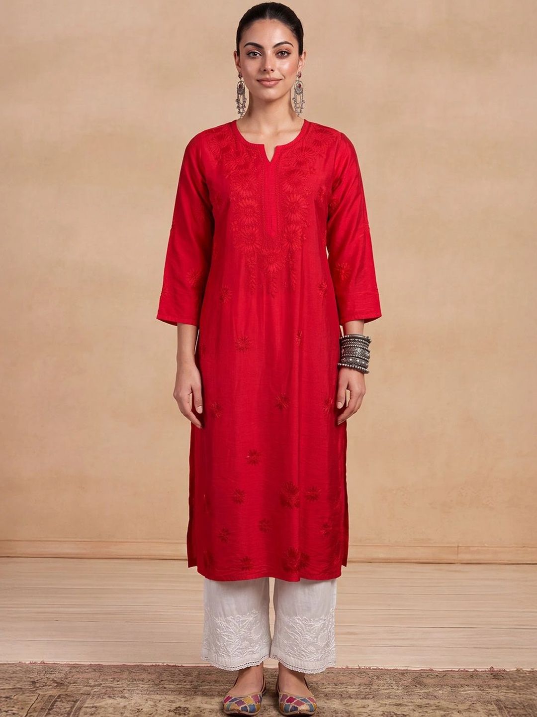 Rumah Wanita Chikankari Motif Etnik Sulam Benang Kerja Kurta