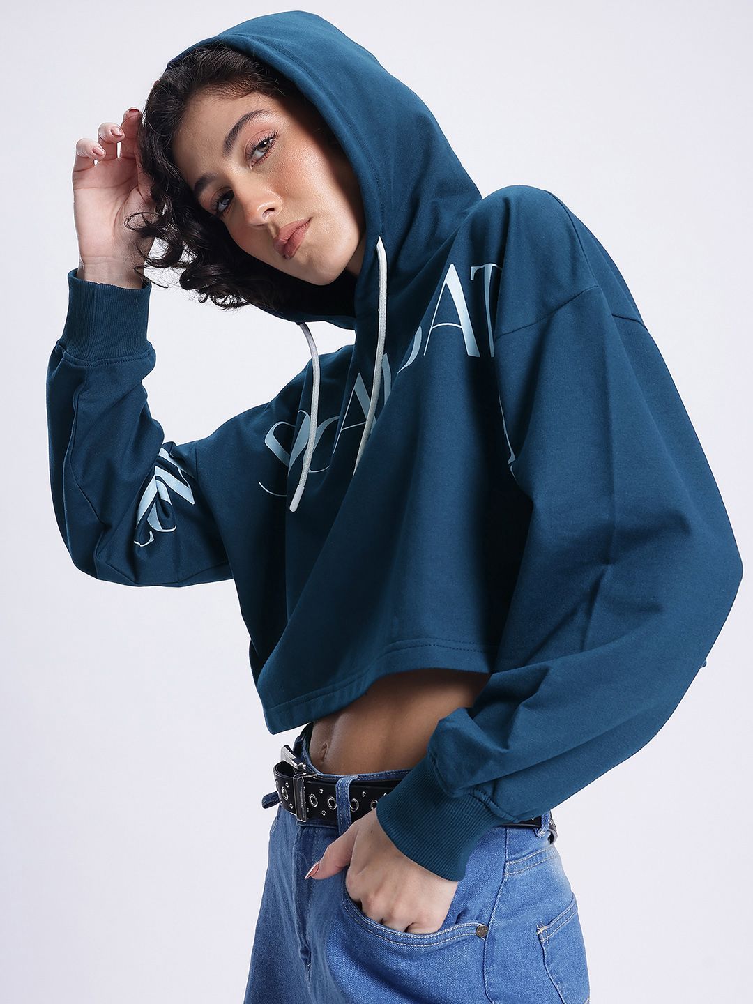 DressBerry Printed Hooded Boxy Crop Sweatshirt