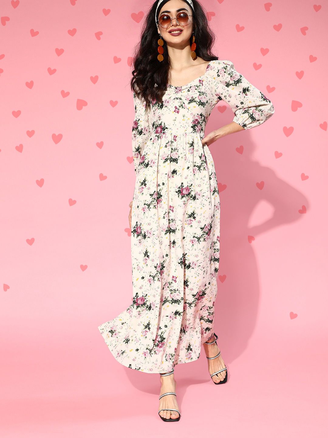 Berrylush Beige & Pink Floral Maxi Dress