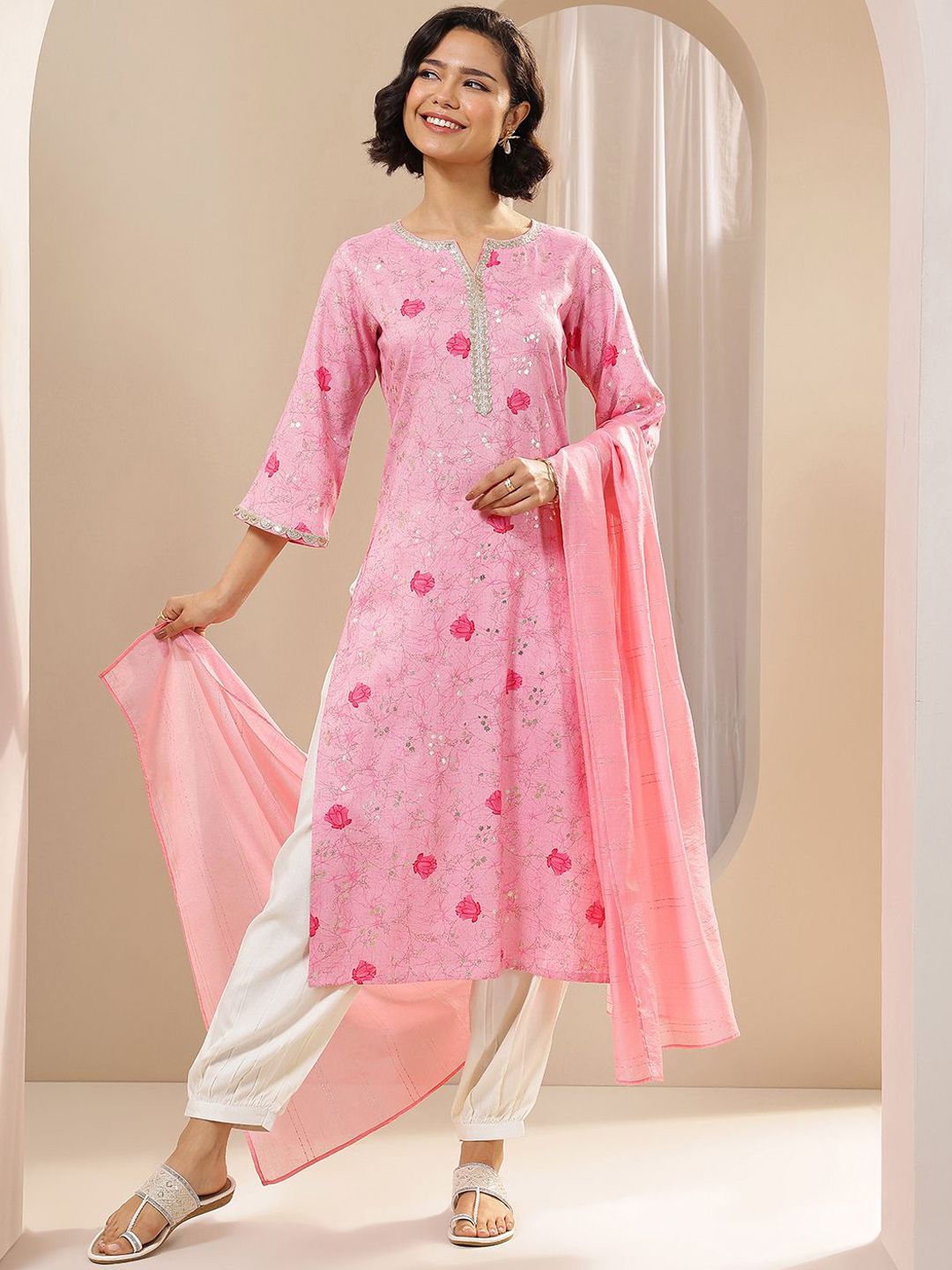 Libas Women Floral Printed Regular Sequinned Kurta with Salwar & With Dupatta