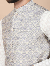 Anouk Cream-Coloured Floral Embroidered Pure Cotton Kurta with Churidar & Nehru Jacket