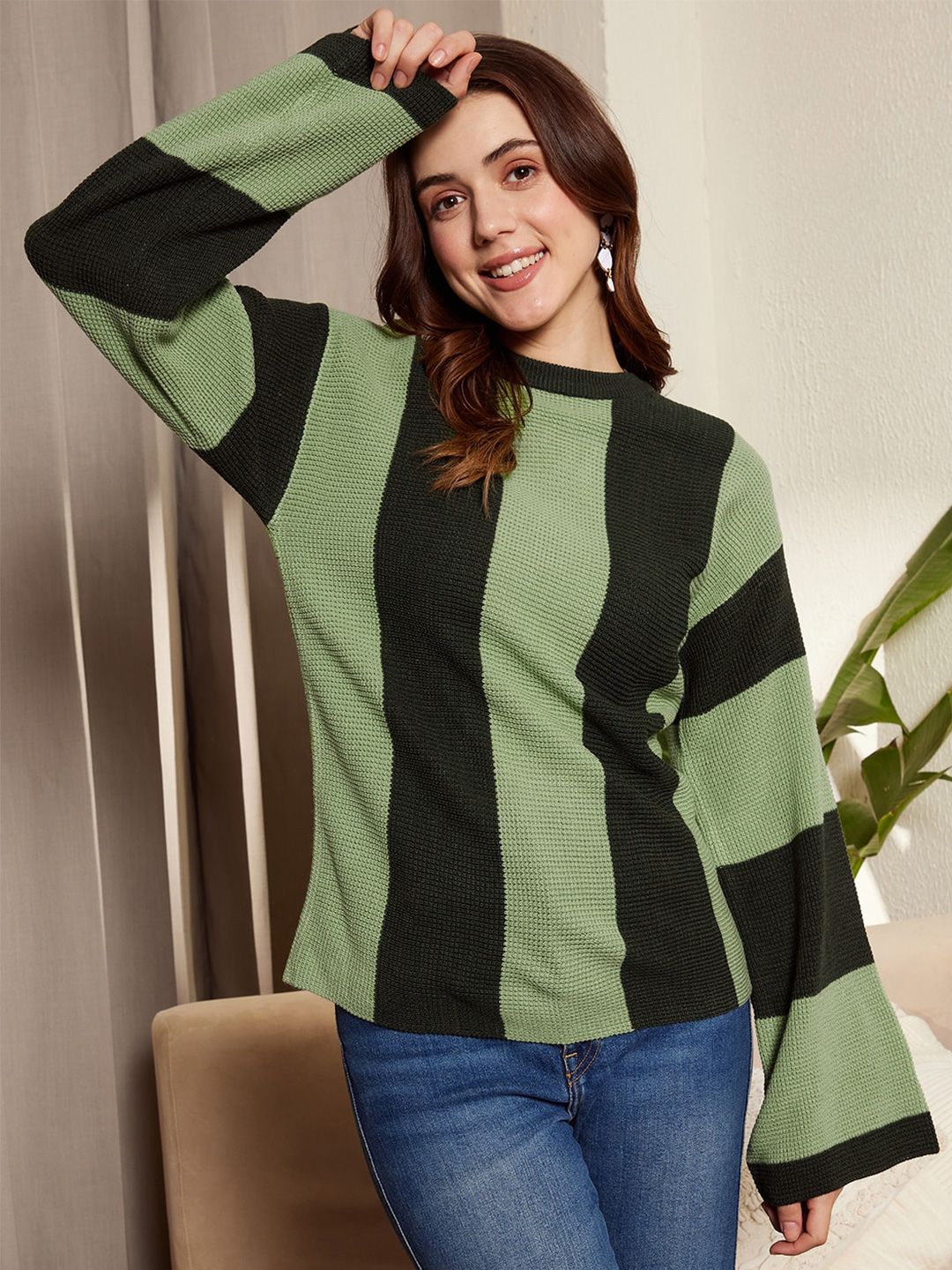 Berrylush Green Striped Acrylic Pullover Sweater