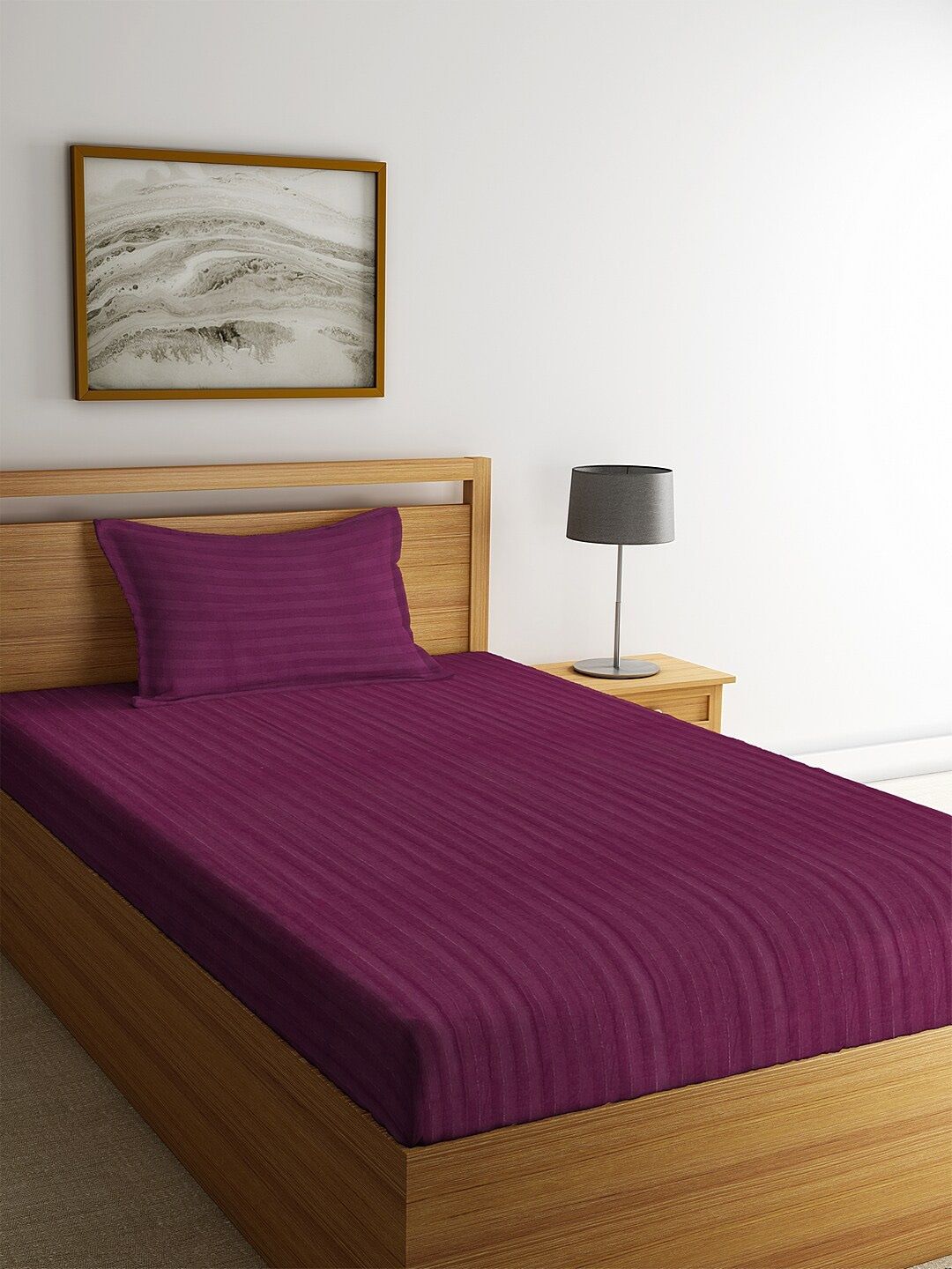 HOSTA HOMES Purple Striped 260 TC Cotton 1 Single Bedsheet with 1 Pillow Cover