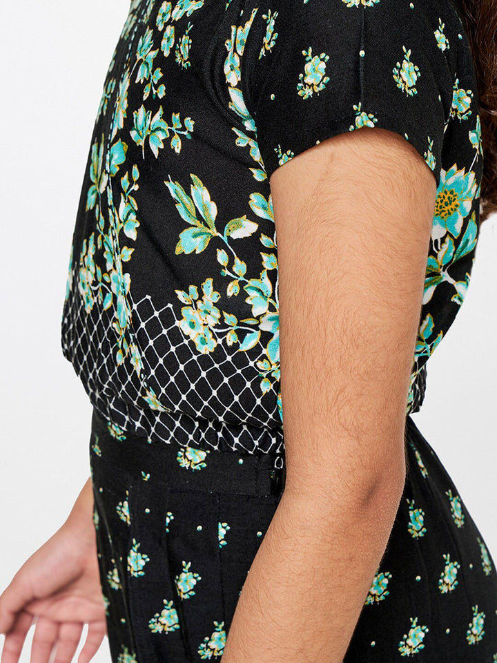 Global Desi Girls Black & Green Printed Top with Palazzo