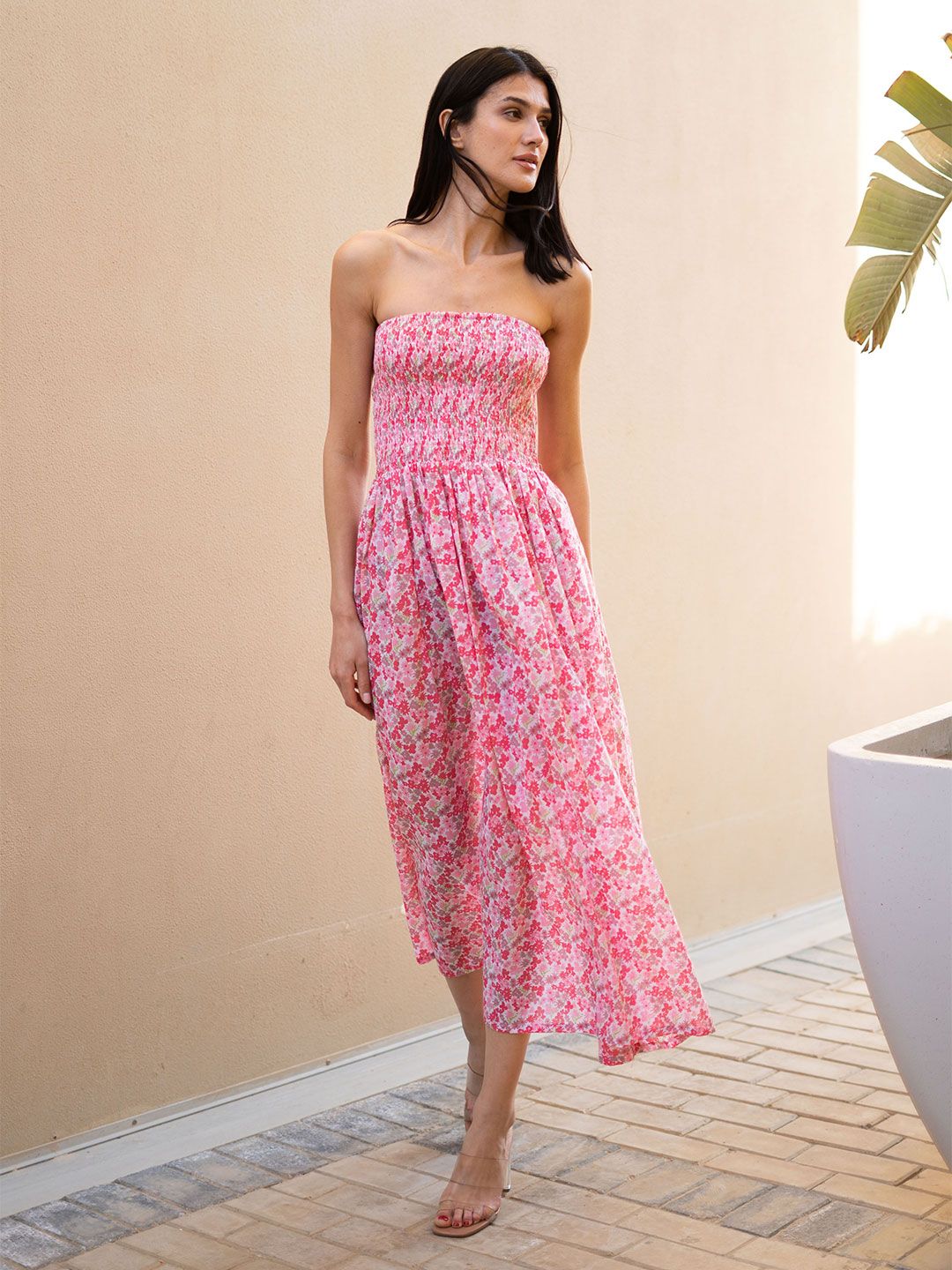 Sanskrutihomes Pakaian Midi Bandi Midi Strapless Bercetak Floral
