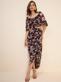 Antheaa Brown Rounched Floral Printed Square Neck Puff Sleeve Co-Ords