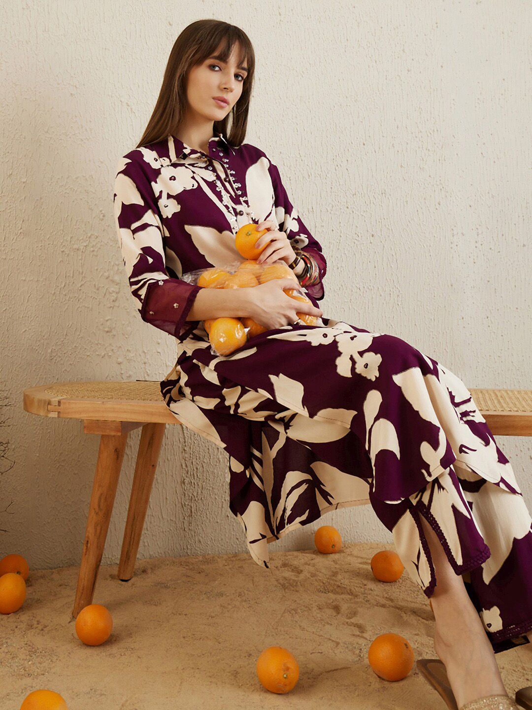 Indo Era Shirt Collar Floral Printed Straight Kurta with Trouser