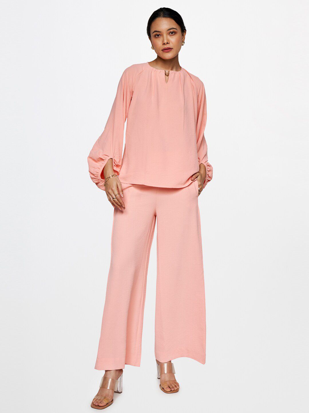AND Round Neck Puff Sleeve Top And Palazzo