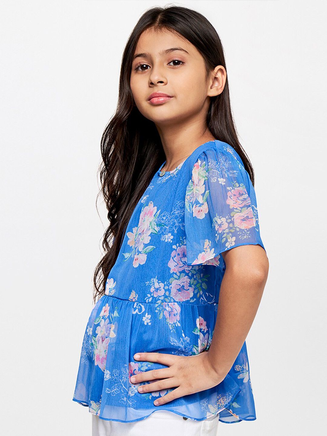 AND Blue Floral Print Bell sleeves Peplum Top