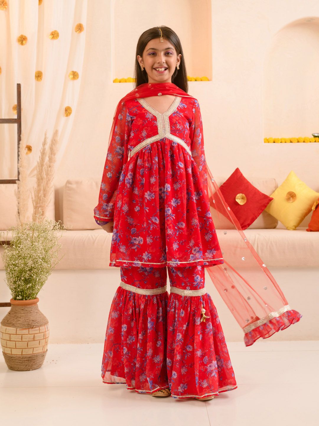 pspeaches Girls Floral Printed Regular A-Line Kurta & Sharara With Dupatta