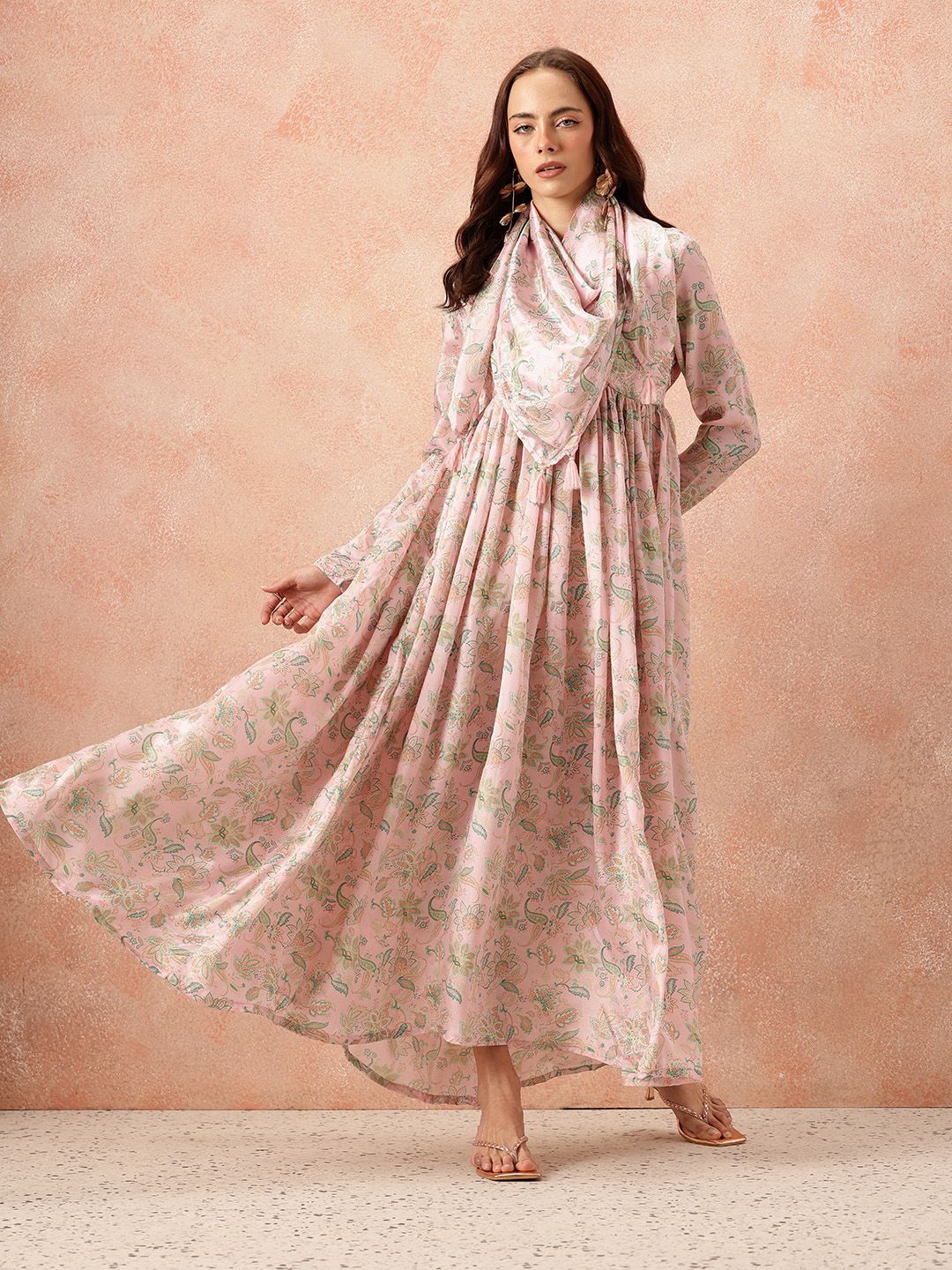 all about you Ethnic Motifs Printed Satin-Finish Festive Maxi Empire Dress with Scarf