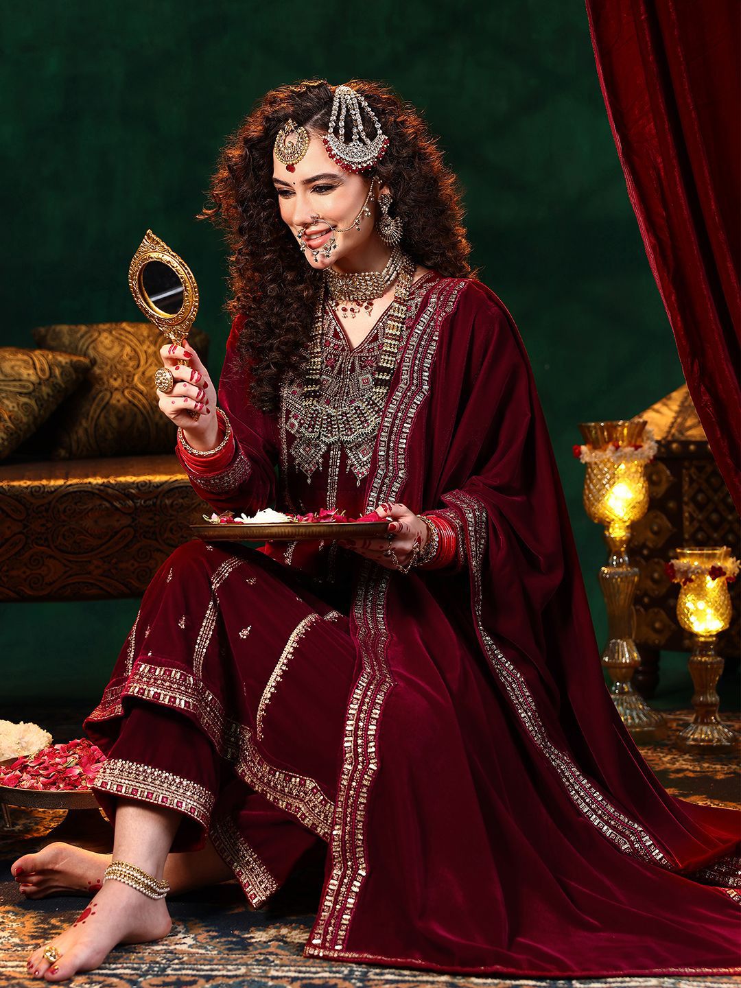 Libas Ethnic Motifs Embroidered Straight Sequinned Velvet Kurta with Trousers & Dupatta