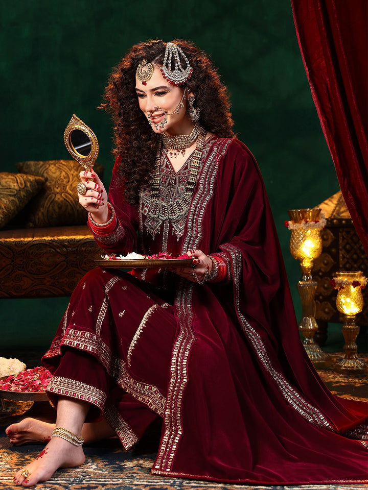 Libas Ethnic Motifs Embroidered Straight Sequinned Velvet Kurta with Trousers & Dupatta