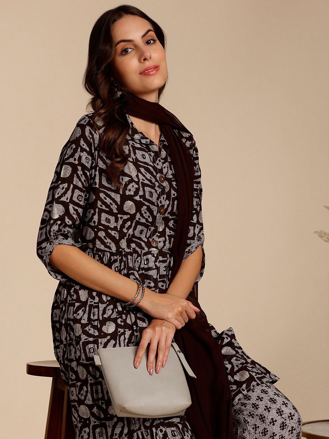 Anouk Brown Abstract Printed A-Line Kurta with Trousers & Dupatta