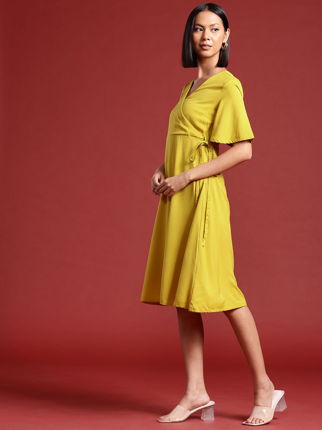 all about you Flutter Sleeves A-Line Knee Length Wrap Dress