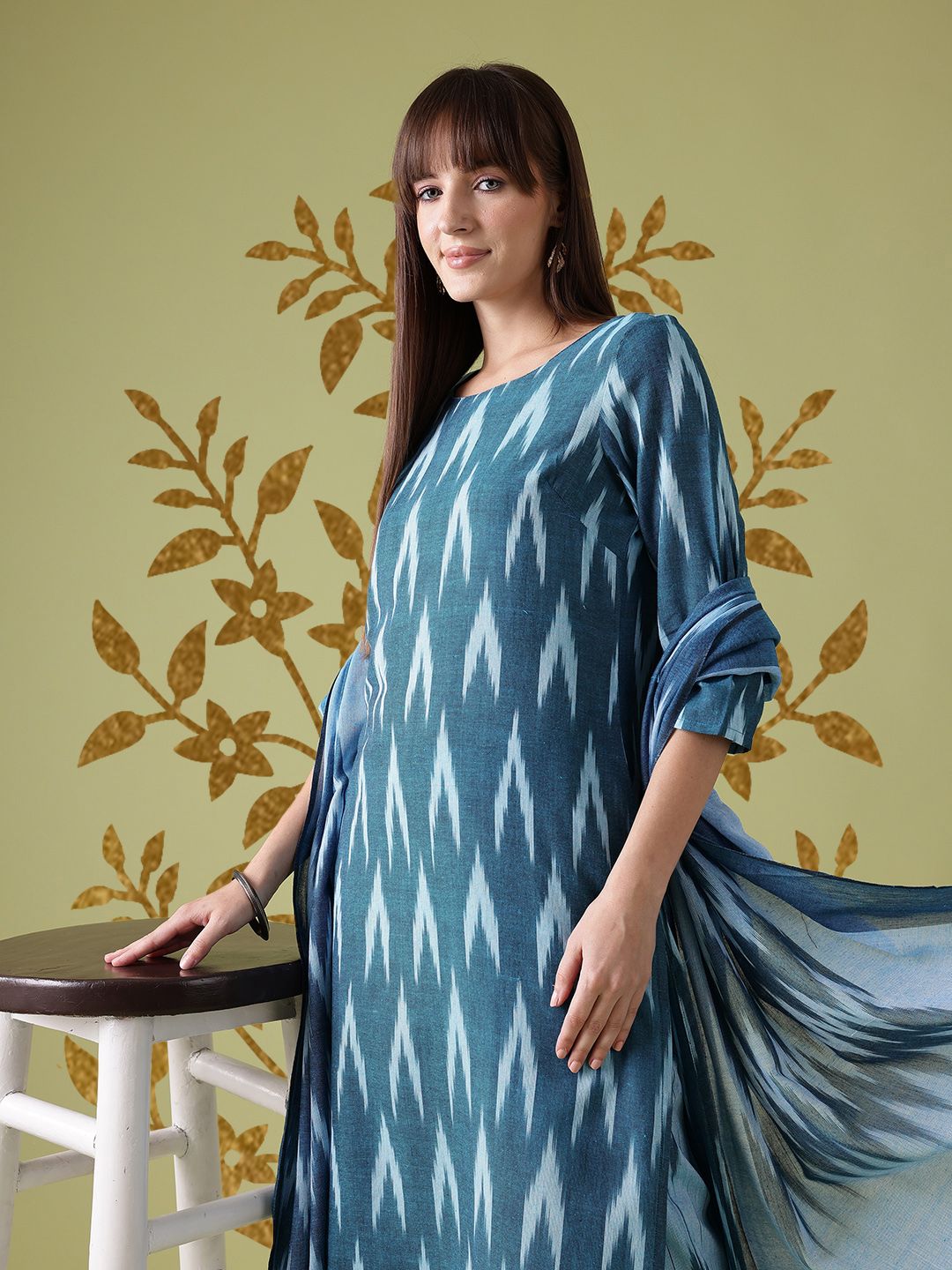 Anouk Ikat Print Pure Cotton Kurta with Trousers & Dupatta