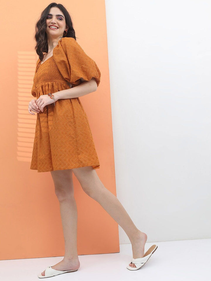 Tokyo Talkies Square Neck Self Design Fit & Flare Dress