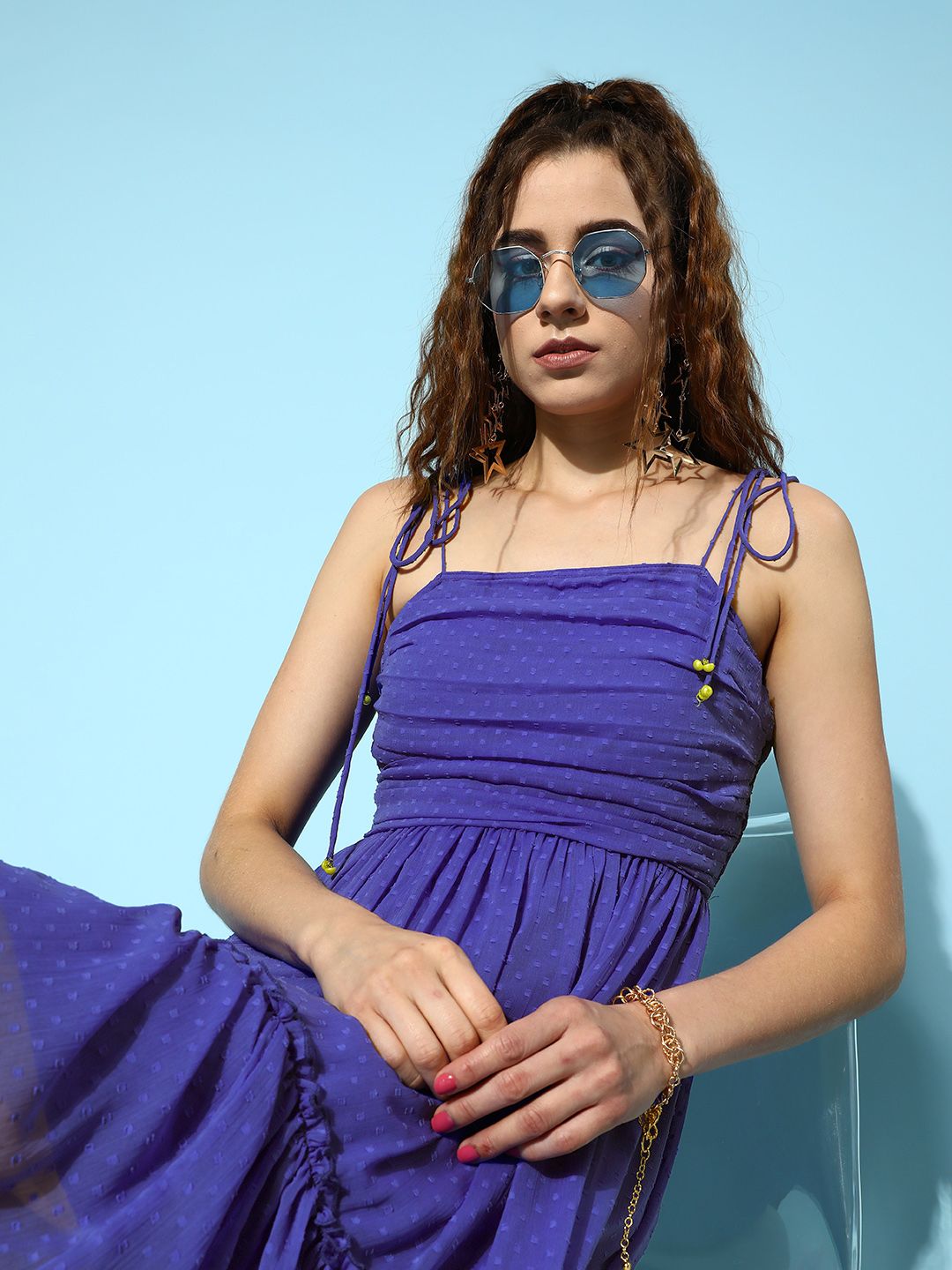Antheaa Self Design Ruffled Chiffon Fit & Flare Dress