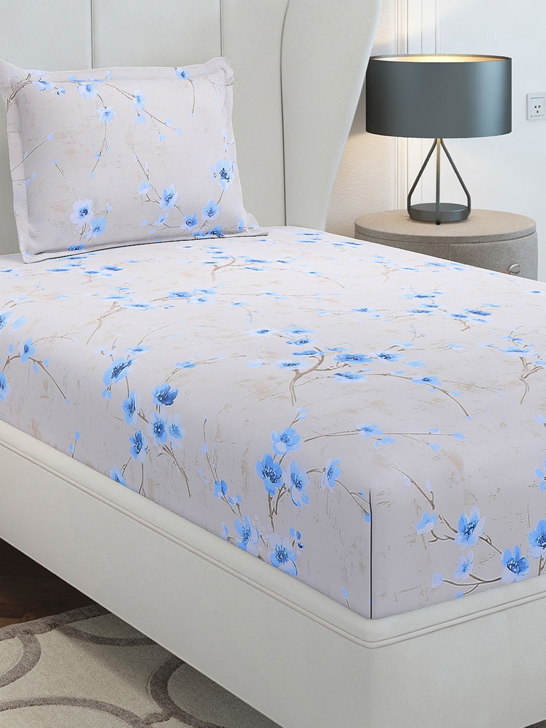 Monte Carlo Blue Floral Cotton 104 TC Single Bedsheet with 1 Pillow Covers- 2.24mx1.52m