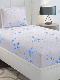 Monte Carlo Blue Floral Cotton 104 TC Single Bedsheet with 1 Pillow Covers- 2.24mx1.52m