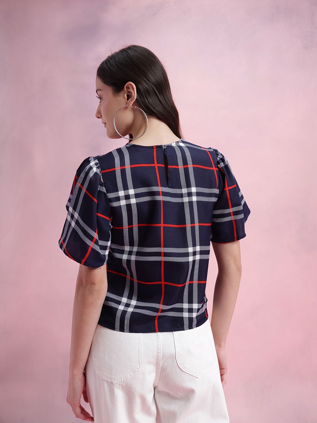 DressBerry Checked Tulip-Style Flared Sleeves Top